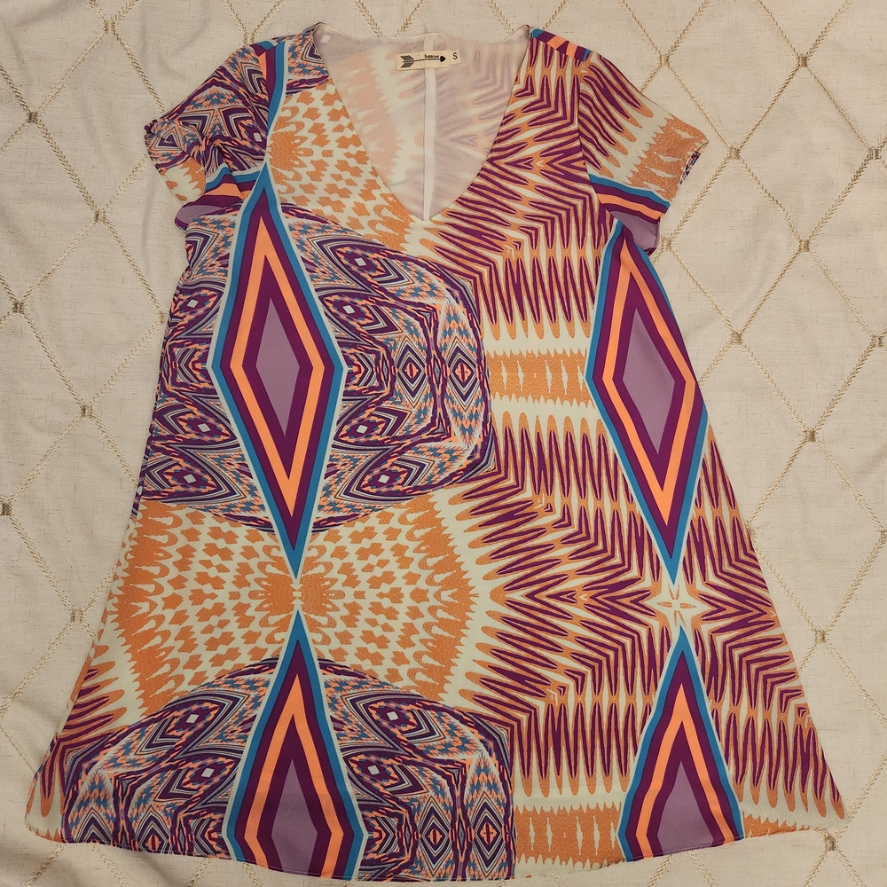 Buddy Love Geometric Aztec Print Mini Dress | Small | Orange Purple Boho Tribal